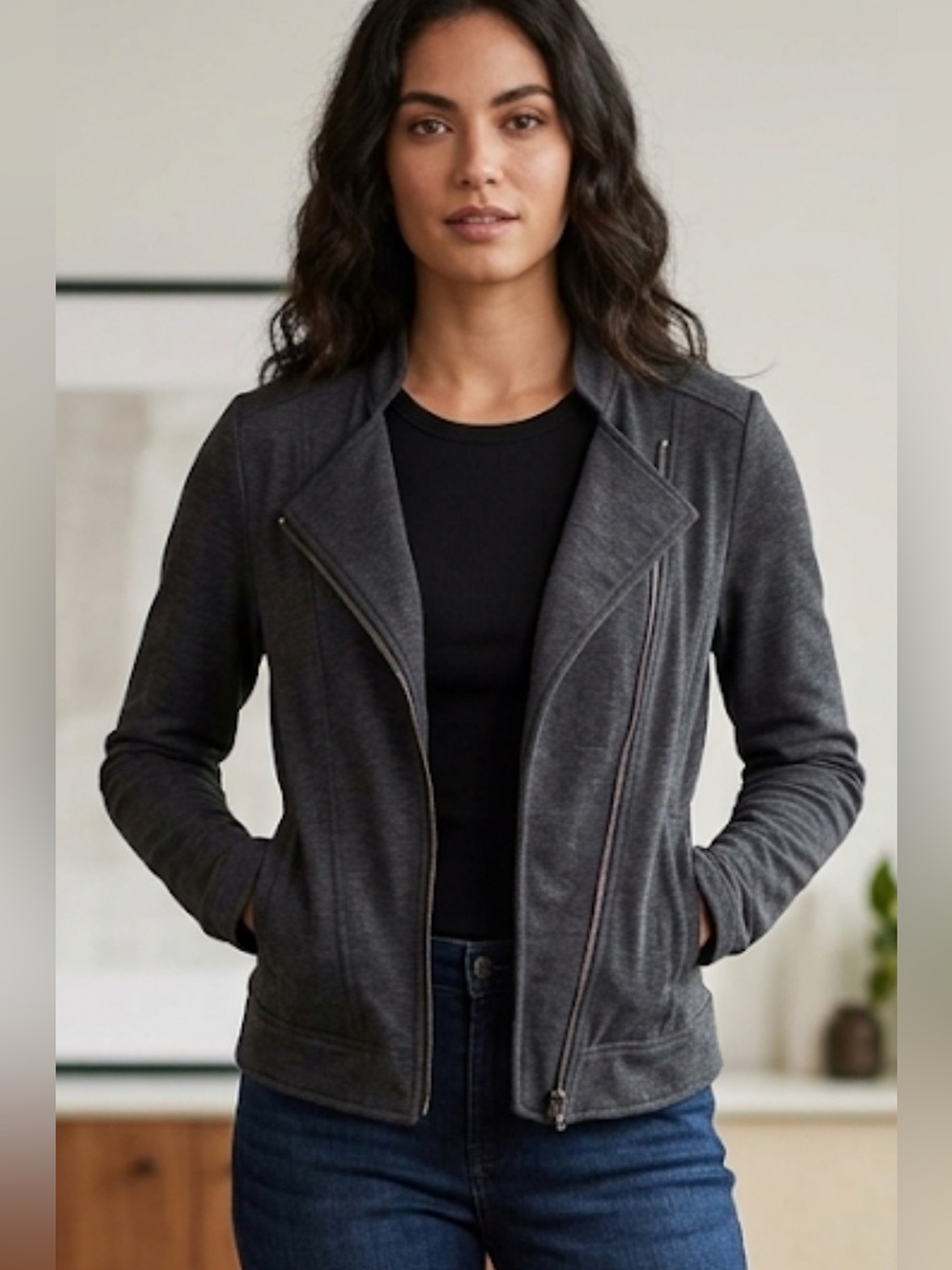 Others Follow Gray Moto Cotton Zip up Jacket with Fringe